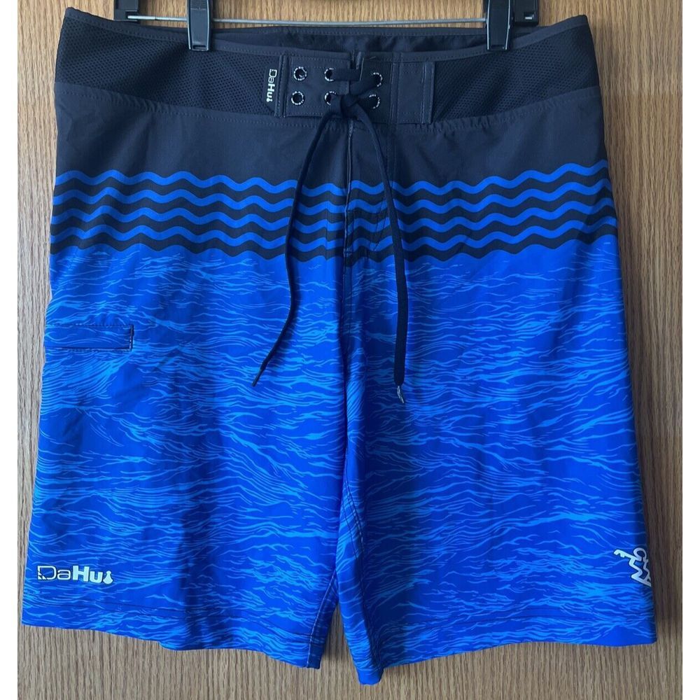DaiHui Men's Blue Black Board Shorts Swim Trunks Zipper Pocket - Size 32